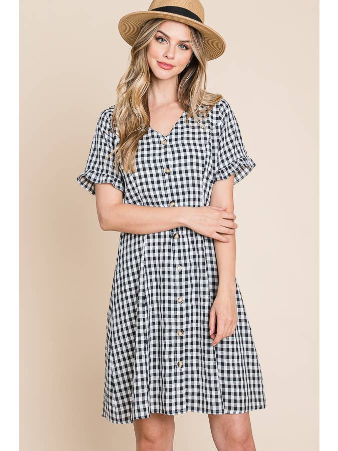 BLACK WHITE Gingham V-Neck Short Sleeve Button Down Dress for wholesale on Faire