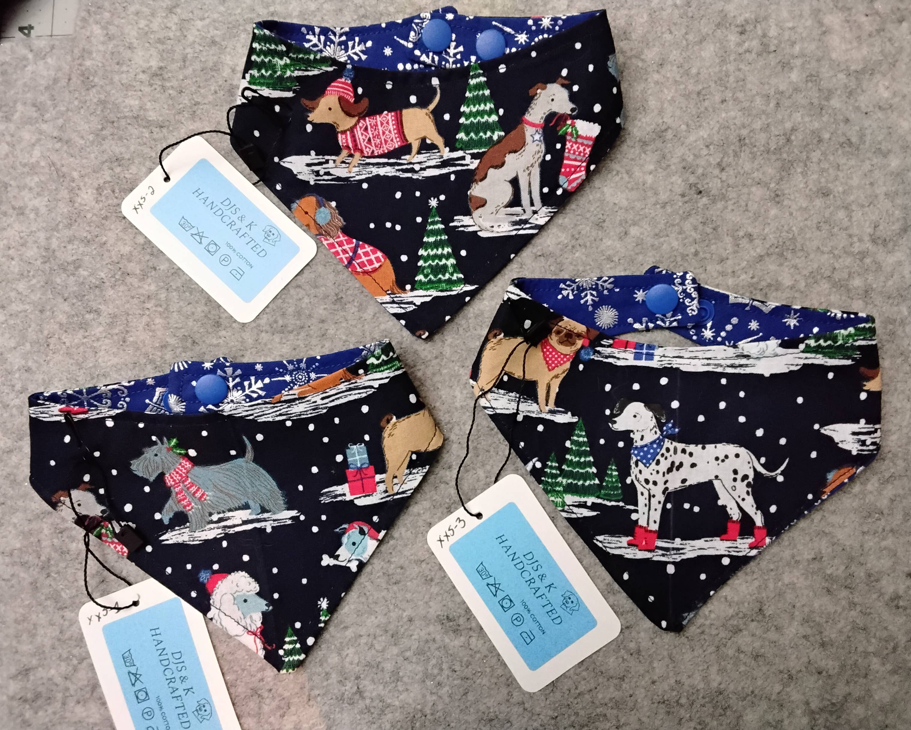 DJS & K Handcrafted - Wholesale Pet Bandana - Dog - Royal Blue Snap On with Silver Snowflakes & Dogs w/Santa Hat6