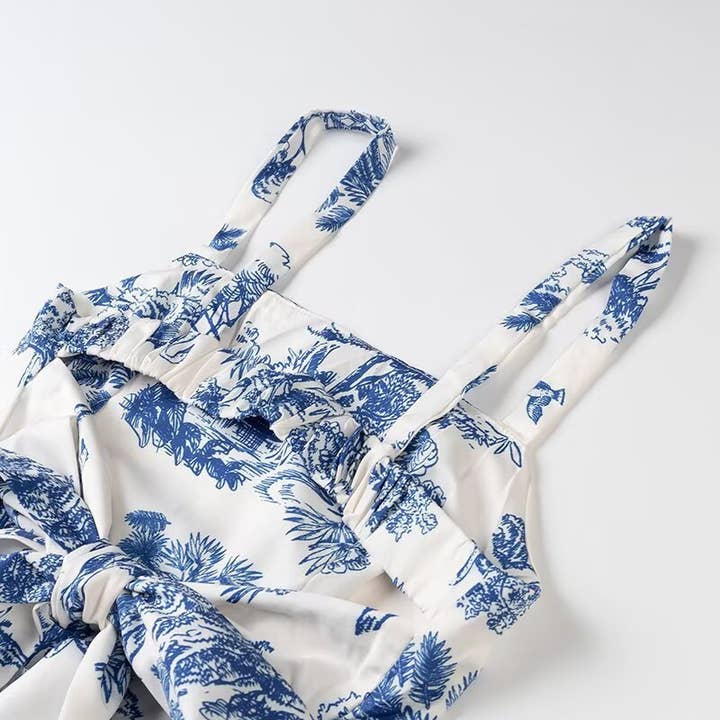 Blue Floral Toile print strappy dress w open back bow tie for wholesale on Faire7