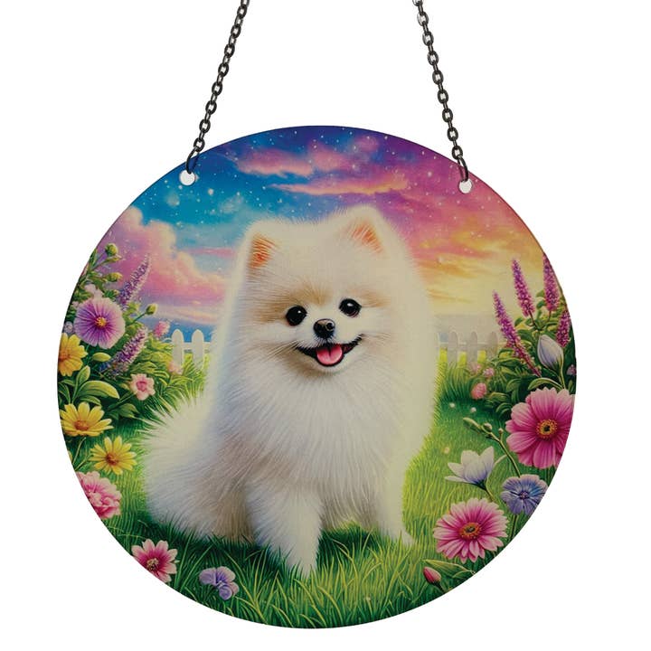 Attrape-soleil en acrylique Pomeranian blanc avec chaîne fabriqué aux États-Unis pour la vente par d'ears inc.