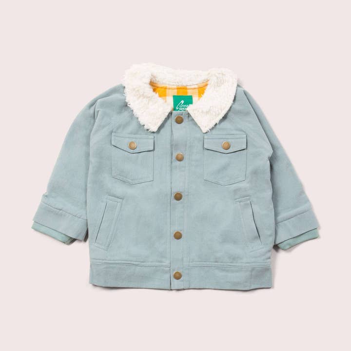 Giacca Adventure in twill blu con collo Sherpa per la vendita all'ingrosso da parte di Little Green Radicals EU