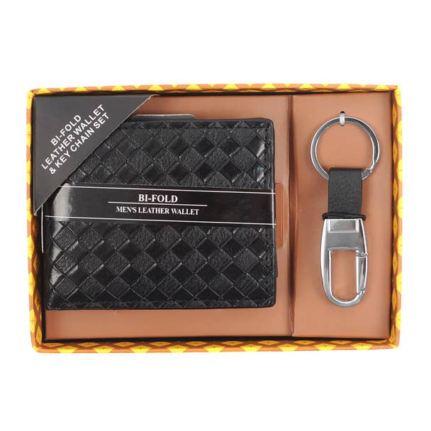 Selini New York - Wholesale Wallet - Men's - 12pc Black Woven Leather Wallet & Keychain Set