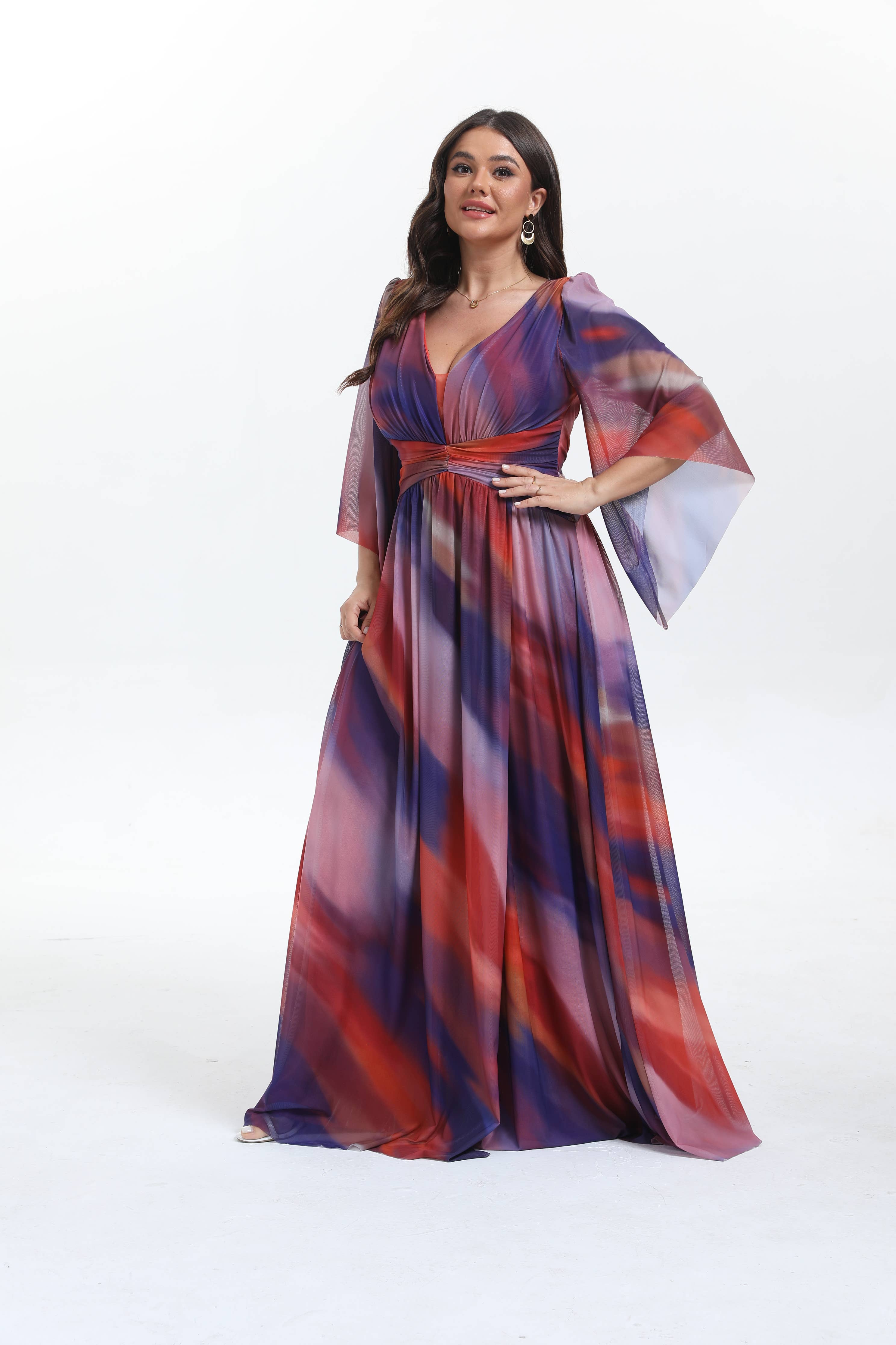 Lucas & Emma - Sarl RJ & co - Wholesale Dress - Women's - Plus size long flared dress with mid-length sleeves 2537-10