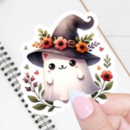 Halloween Cat Witch Ghost Sticker for wholesale by Blu Butterfly Stickers