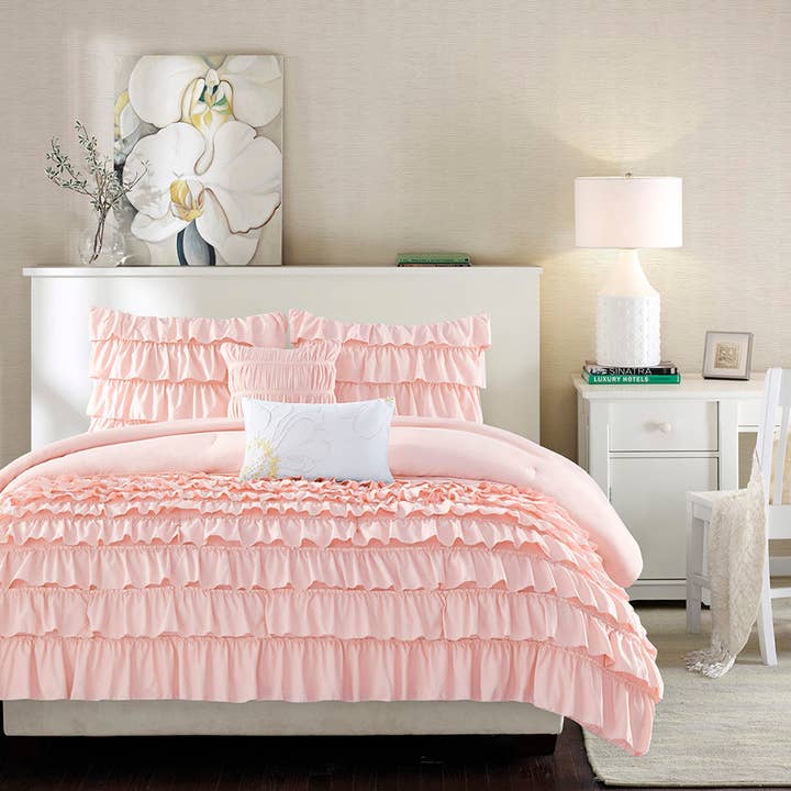 Ruffled Flow 5-Piece Comforter Set, Blush Pink for wholesale by Olliix