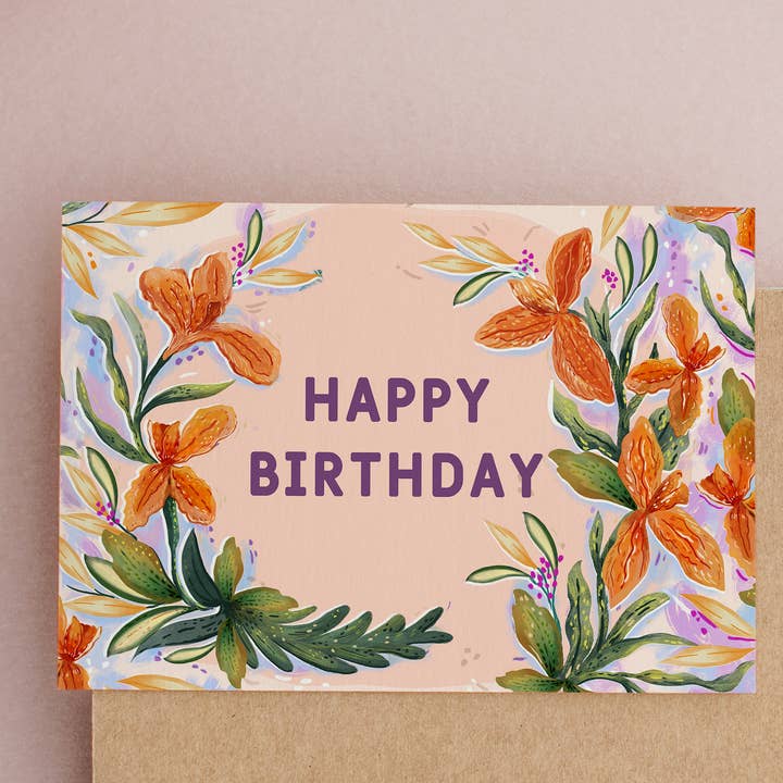 Happy Birthday Iris botanical greeting card for wholesale by Anna Cheng Design