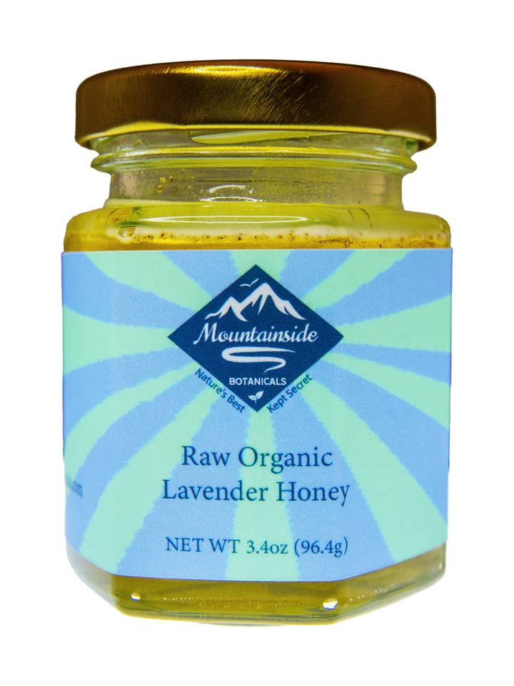3.4 oz Raw Organic Lavender Honey for wholesale by Mountainside Botanicals
