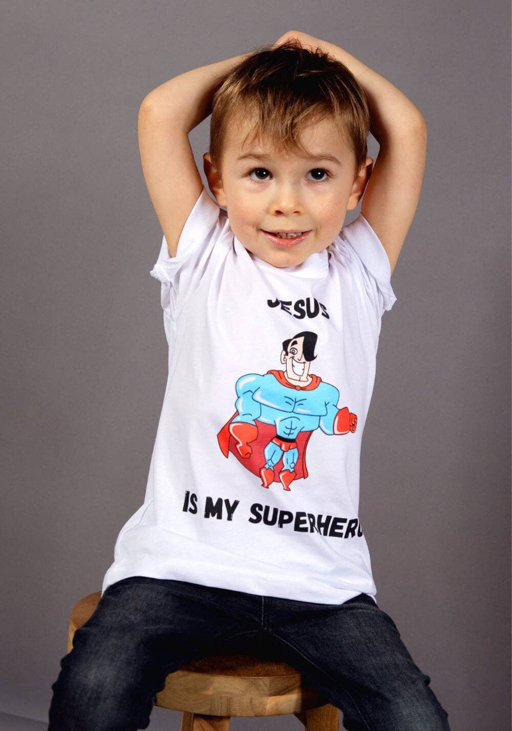 Fearless - Clothed in strenght and dignity - Wholesale Screen Printed T-Shirt - Kids - Jesus Is My Superhero T-Shirt White