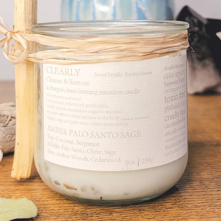 Clearly Intention Candle, Amber Palo Santo Sage Toxin-free for wholesale by Baddee Eleganza