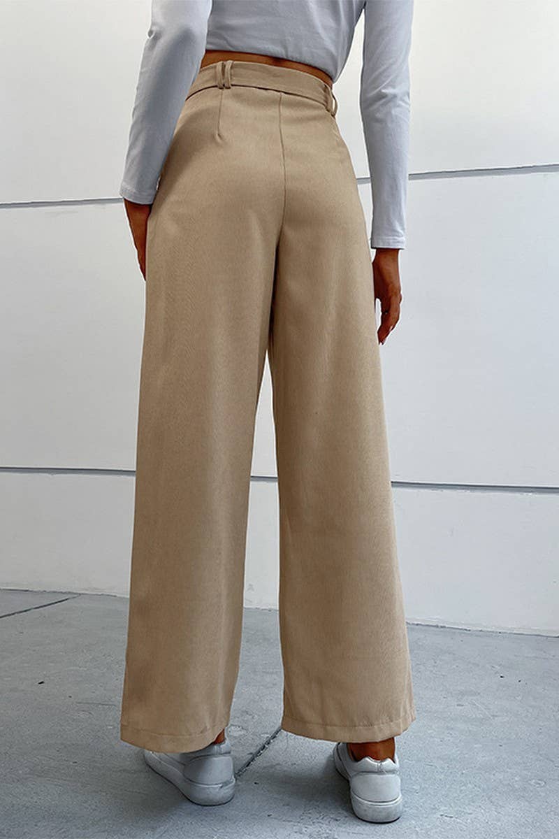 KHAKI WOMEN STRAIGHT LEG FRONT TIED LONG CASUAL PANTS_CWBLP0341 for wholesale on Faire2