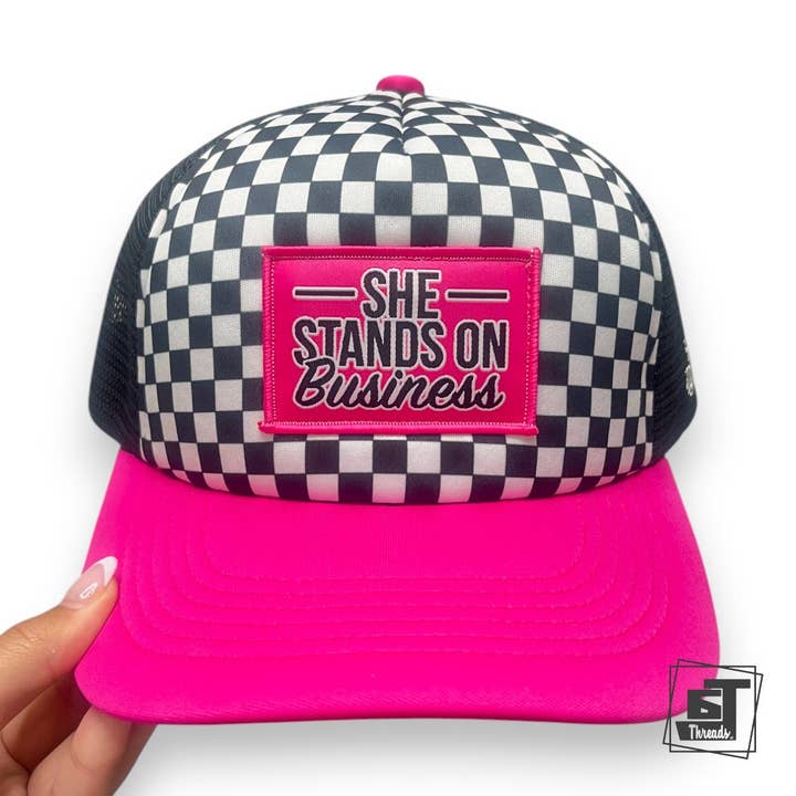Pink Checkered Stand on Business Cap for wholesale by 6j Threads LLC