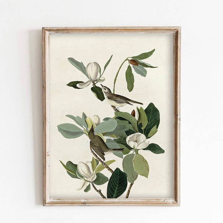 Birds on Blossoms Cream and Green Art Print for wholesale by Paper House Print Shop