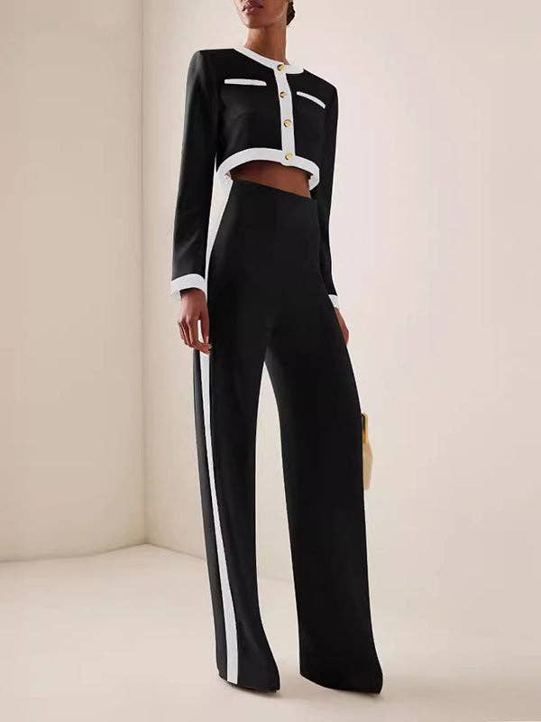 Sheer Trend – Engroshandel Top- og buksesæt (IKKE Loungewear) - Dame – Langærmer Knappede split-joint rundhalsede bluser og skjorter Toppe + Bukser med høj talje Nederst i to dele6