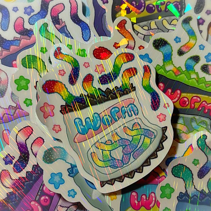 Gummy worm lgbt pride holo vinyl sticker for wholesale by OnigiriArt
