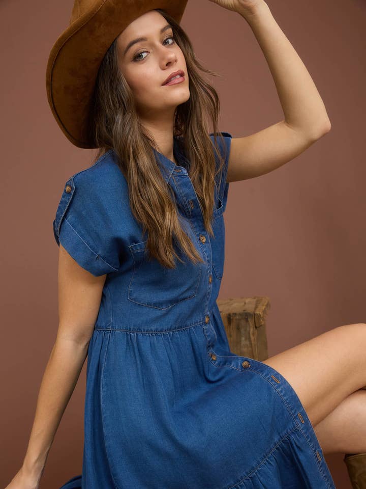 DARK CHAMBRAY COLLARED BUTTON DOWN SHIRT DRESS for wholesale on Faire