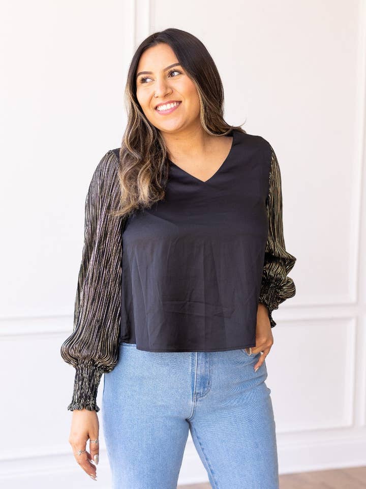 Glamour Gaze Black Top with Shimmer Sleeves for wholesale by GRACE+EMMA by Southern Grace
