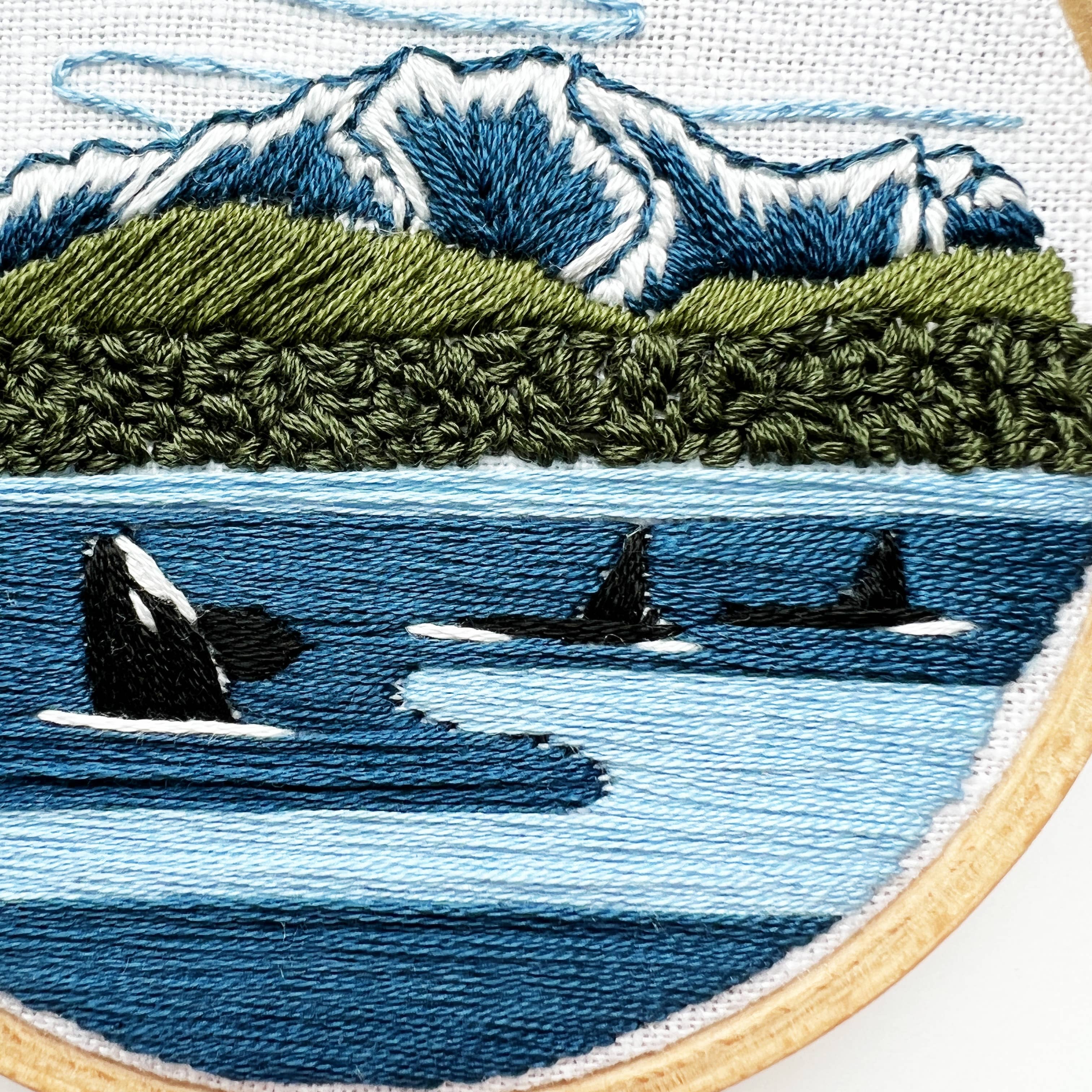 Rosanna Diggs Embroidery - Wholesale Embroidery/Cross Stitch Supplies - Orcas in the Sound Landscape Embroidery Kit for Beginners6