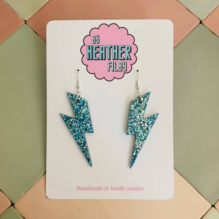 Large Blue & Silver Lightning Bolt Earrings for wholesale by By Heather Filby