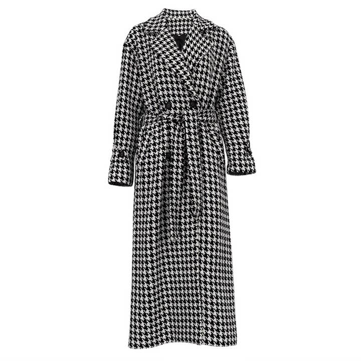 Black and white houndstooth long trench coat for wholesale on Faire10