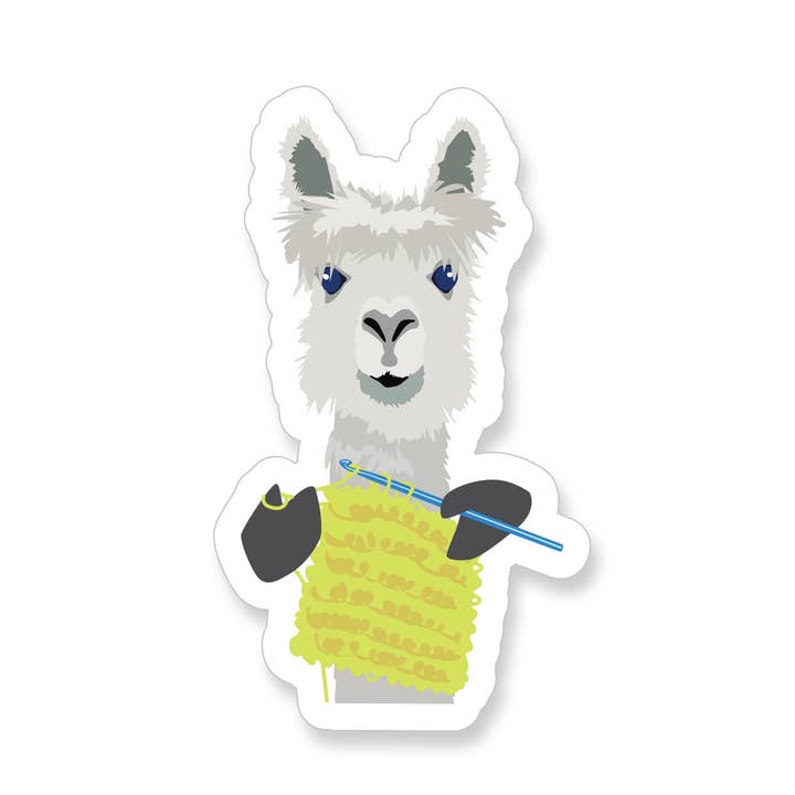 Crocheting Alpaca Vinyl Sticker for wholesale by Apartment 2 Cards