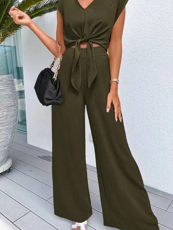 NINEXIS - Wholesale Top & Pant Set (NOT Loungewear) - Women's - CWSS1217_V-NECK TIE CROP TOP HIGH WAIST SLIM WIDE LEG PANTS2