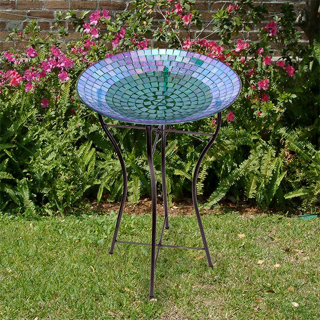 Audubon Glass Mosaic Bird Bath with Steel Stand, Rainbow for wholesale by BestNest Inc