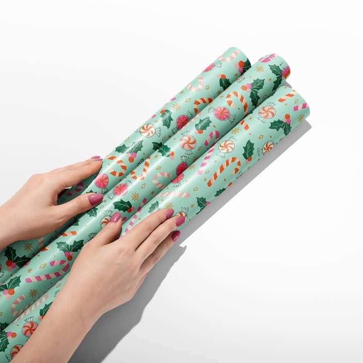 KelseyMDesigns - Wholesale Wrapping Paper Roll - Christmas Candy Canes Wrapping Paper - 3 Sheet Roll