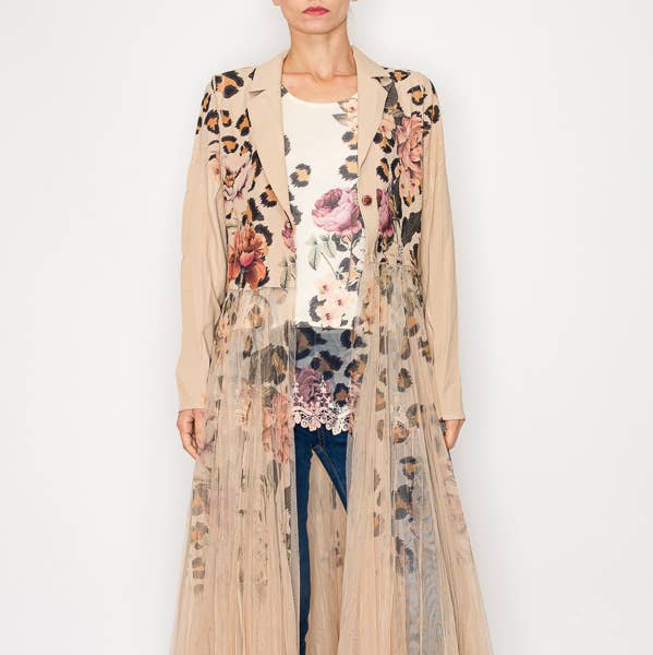 Chic Contrast Longline Blazer Jacket With Mesh Tulle Panel - 4773TP LEO FL for wholesale by Origami Apparel ~ Lace and Crochet inspired