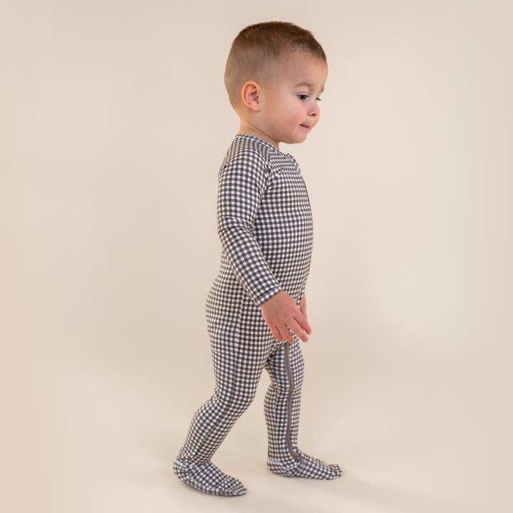 Hazel Gingham Footed Pajamas for wholesale by Hucklebaby