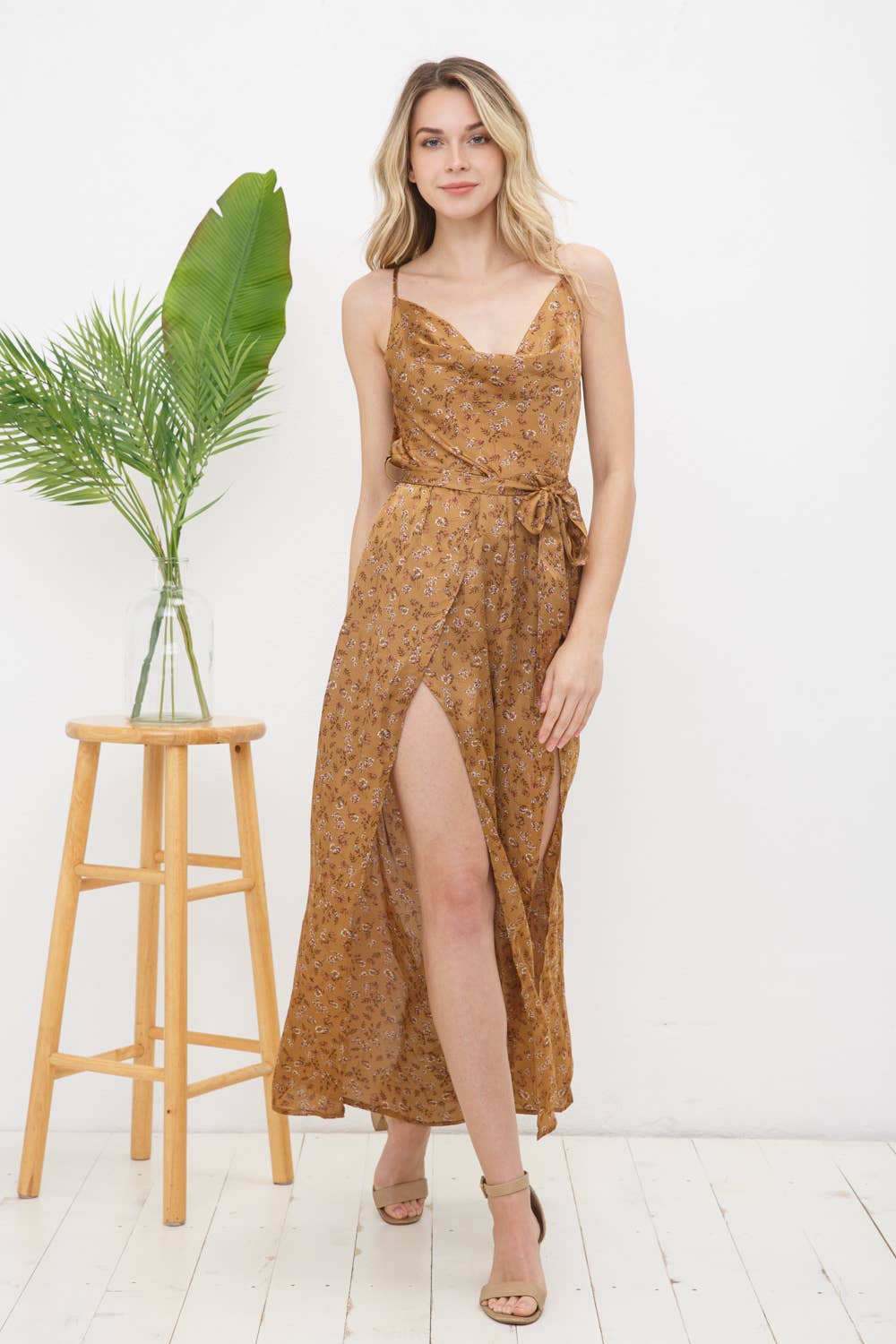 Blue B - Wholesale Jumpsuit - Women's - 31632R - Satin Ditsy Floral Cowl Neck Cami Slit Jumpsuit6