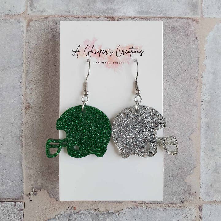 Brincos Capacete Futebol Glitter Verde & Prata por atacado de A Glamper's Creations LLC