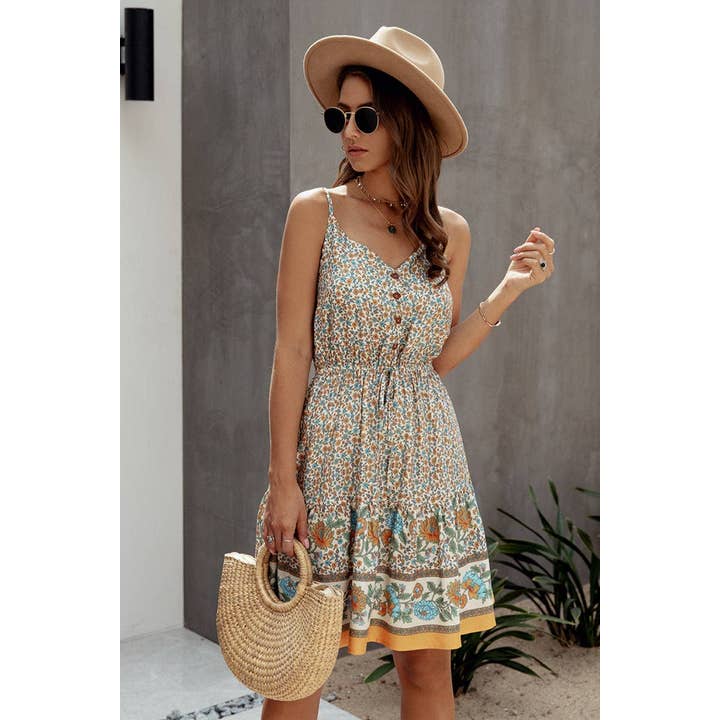 V Neck Flroal Printed Mini Dress for wholesale by Elings