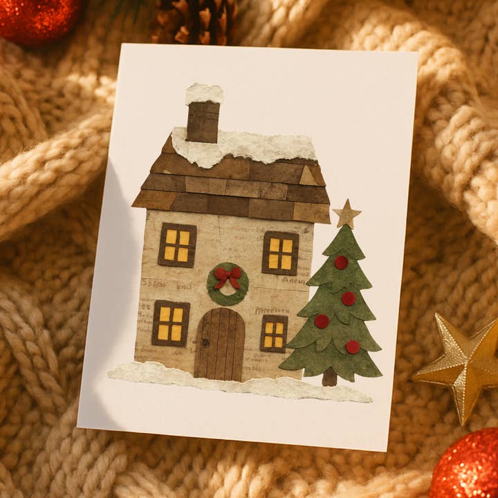 Christmas Cottage Greetings Card, Pack Of 10 for wholesale by Kin Press Cards