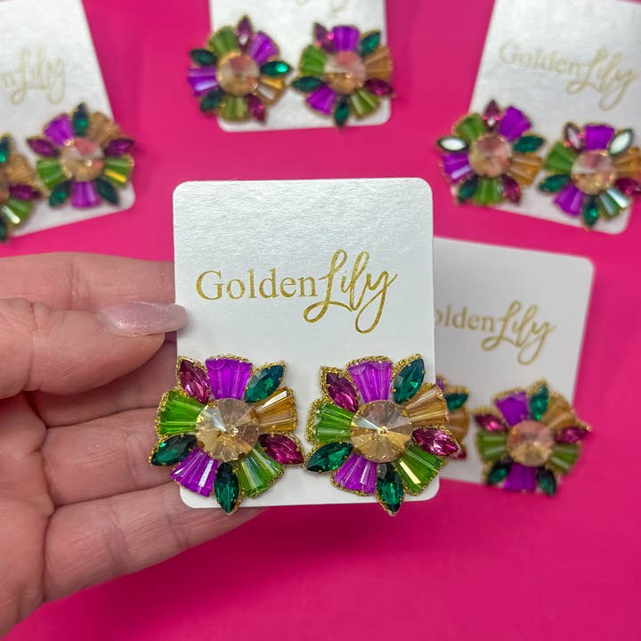 Mardi Gras Bead Burst Stud Earrings - Purp/Gr/Gold for wholesale by Golden Lily