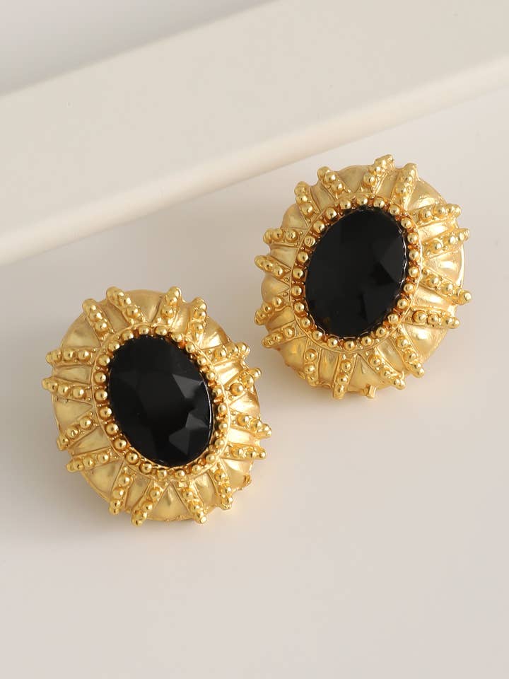 Gold Plated Black Stone Earrings for wholesale by BUBU BY TEKIN SHOP
