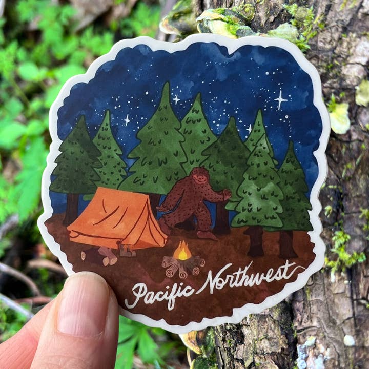 Camping with Bigfoot PNW Sticker- Durable Vinyl Sasquatch Art for wholesale by Granola Girl Outfitters