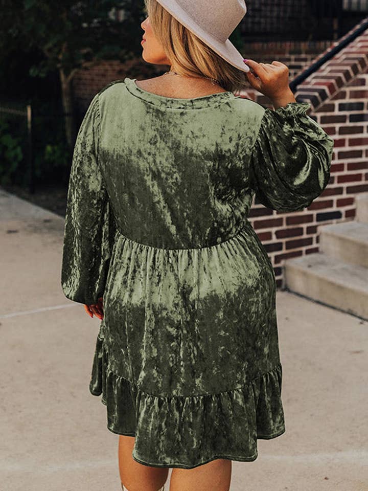 Lovesoft - Wholesale Dress - Women's - Coffee Plus Size Velvet Babydoll Mini Dress with Puff Sleeve4