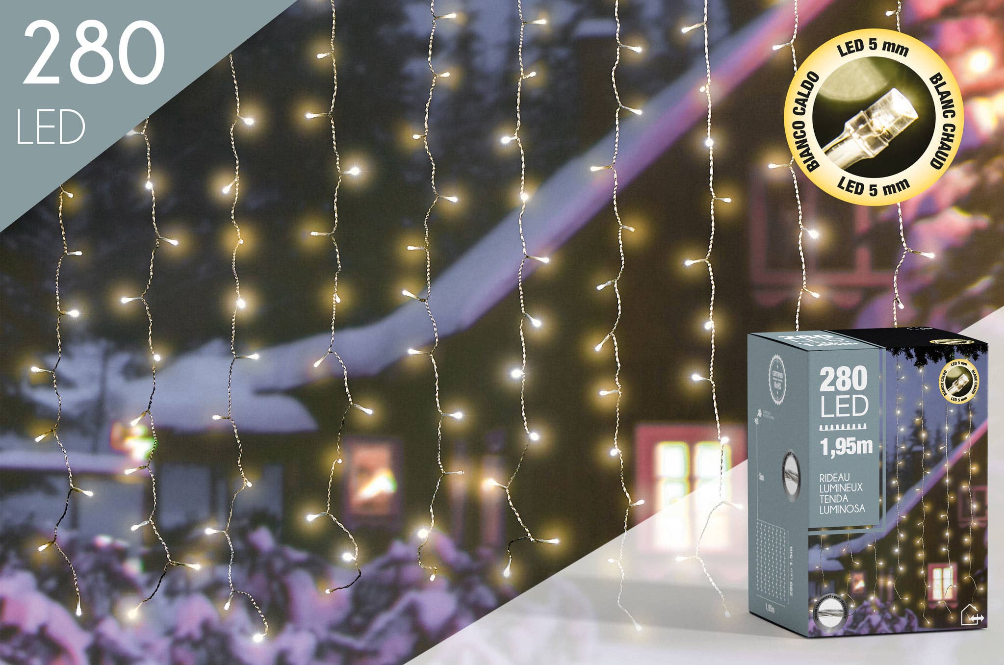 CP INTERNATIONAL - Wholesale String Lights - Curtain 280 Led 5Mm Warm White L.1.95M Transparent Wire #15920