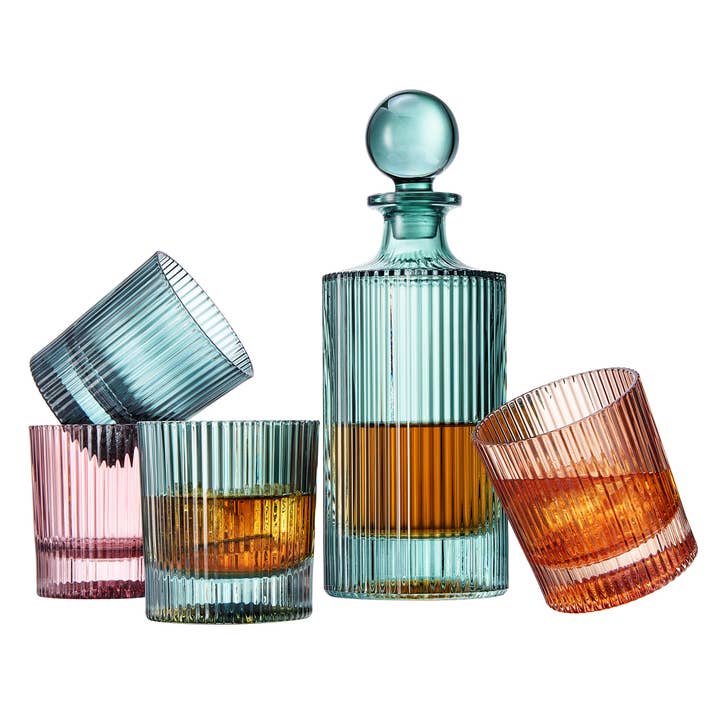 Ribbed Decanter Set with 4 Glasses – Whiskey Bourbon Scotch for wholesale by The Wine Savant / Khen Glassware
