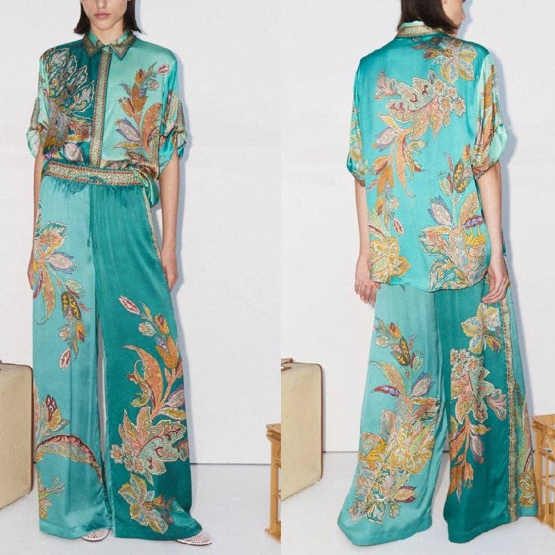 Set van twee stuks 2025 nieuwe vintage print satijnen set met retro chique en modern comfort voor groothandel op Faire9