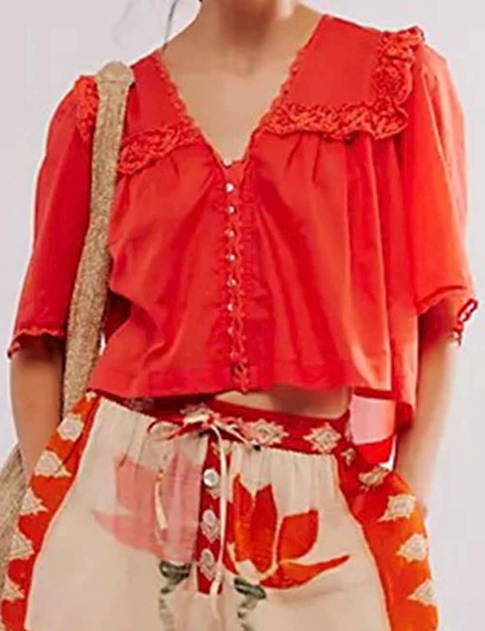 Sweetkama - Vente Chemisier – femme - Blouse en dentelle à manches courtes avec col Claudine pour femme7