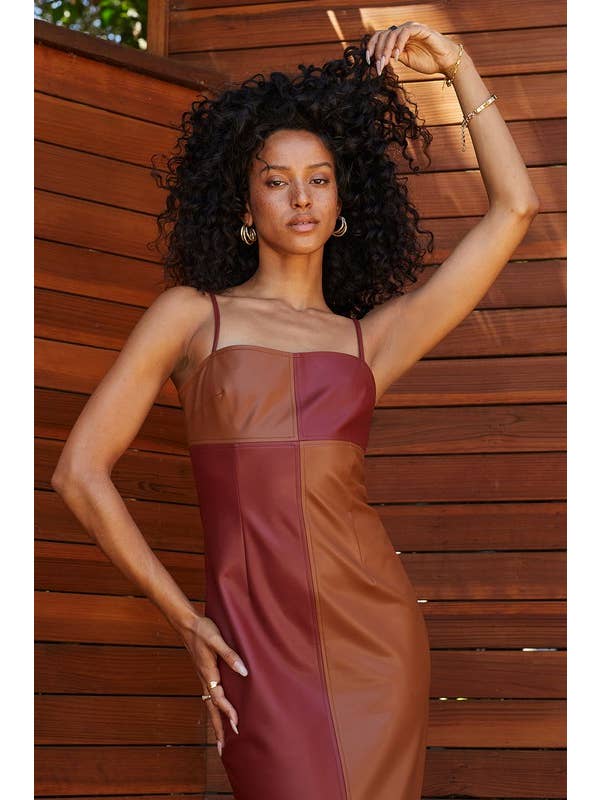 Crescent - Wholesale Dress - Women's - CD8004 - Alix Color Block Vegan PU Midi Dress