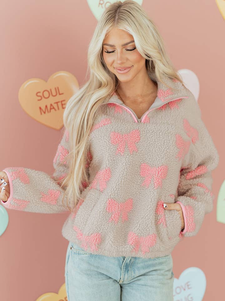 FB Bow Sherpa Quarter Zip Drop Shoulder Sweatshirt for wholesale by FASHION BLVD