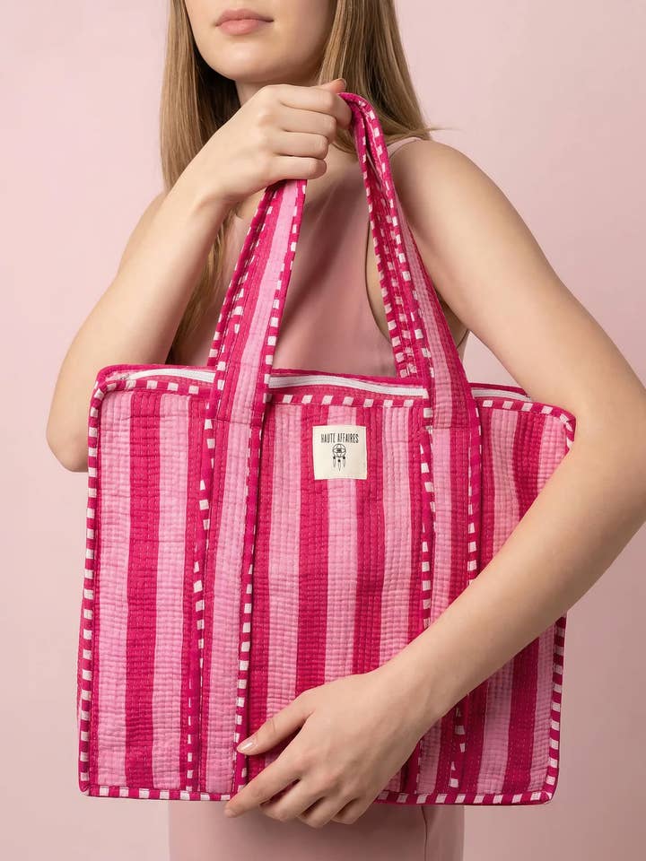 Handmade Block Print Tote w/ Zipper - Pink Wide Stripe for wholesale by HAUTE AFFAIRES NYC INC