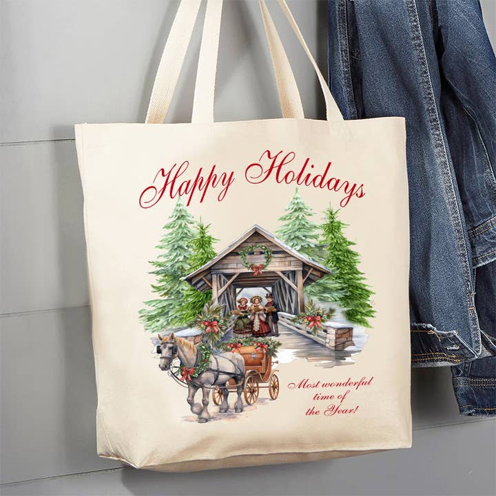Bolsa de lona Christmas Cover Bridge Horse Carriage de 12 oz para venta al por mayor de Avery Lane Gifts