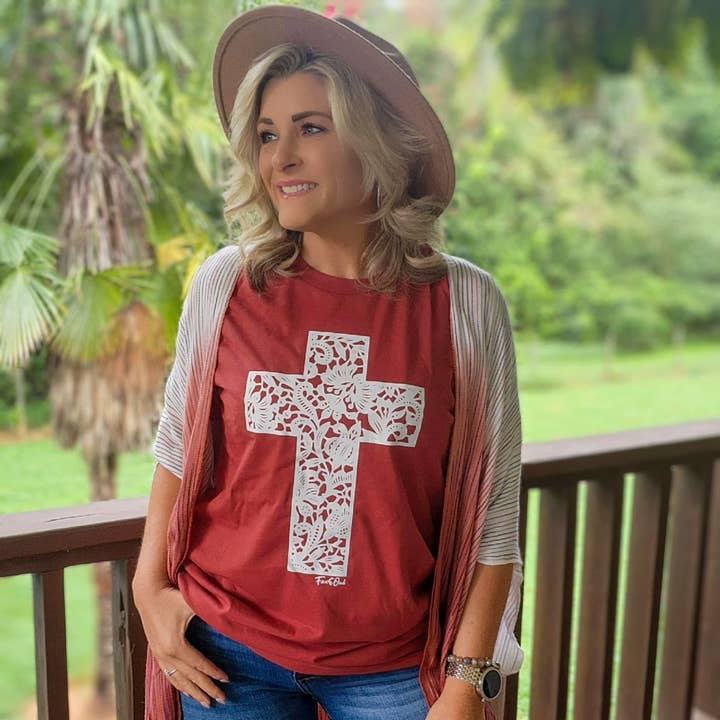 Fox and Owl Apparel - Wholesale Screen Printed T-Shirt - Women's - Fall Bella Canvas Rust Lace Cross Christian Graphic Tee 1