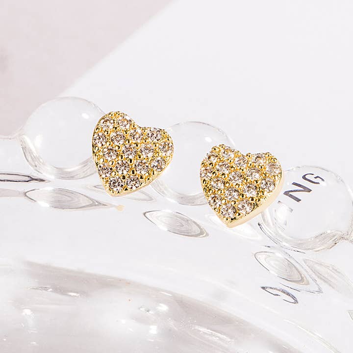 Last True Angel - Wholesale Stud/Post Earrings - Cubic Zirconia Heart Stud in Gold