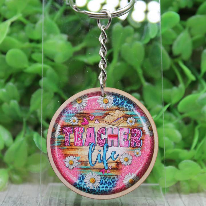 Pink & Turquoise Teacher Life Wooden Keychain for wholesale by Hylidae Boutique