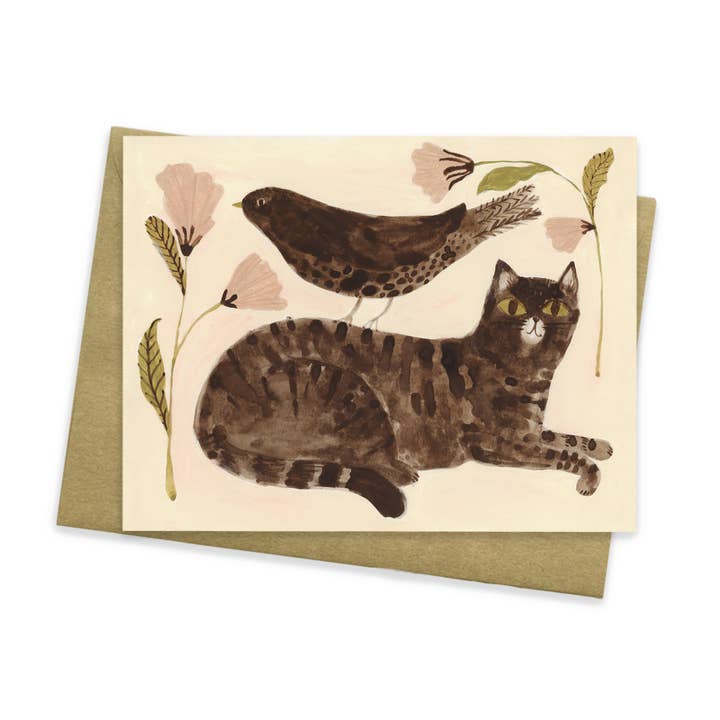 Cat and Bird with Flowers Greeting Card for wholesale by In My Backyard