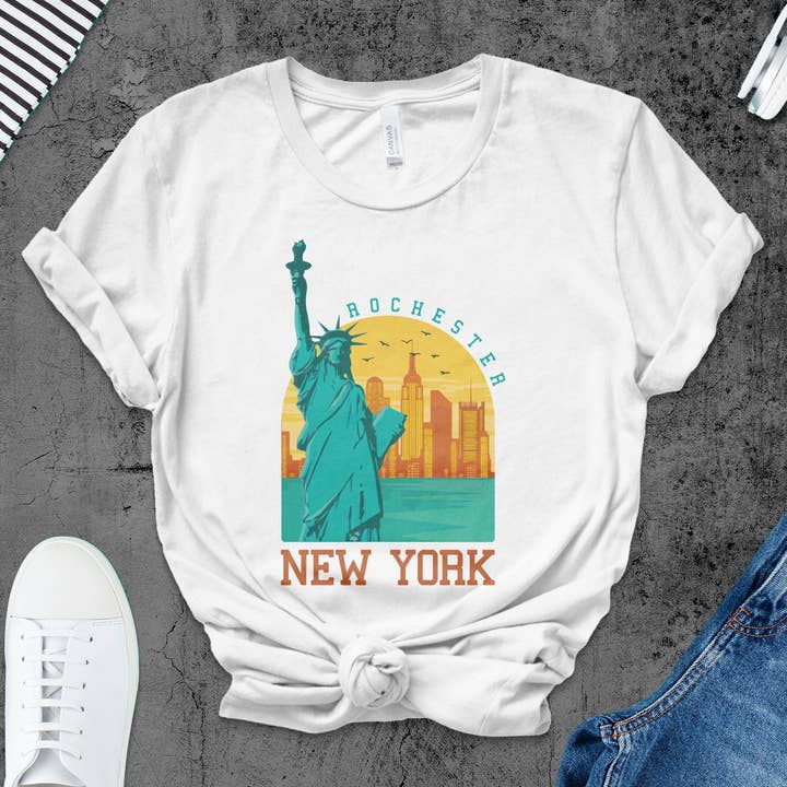 Rochester New York T-Shirt, Statue of Liberty Graphic Tee, City Skyline Casual Shirt, Unisex Travel Souvenir Top for wholesale by FreakyTeeFactory